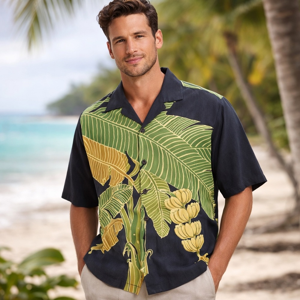 Tommy Bahama Colorful 100% Silk Tropical Banana Print Button Down Men’s Medium